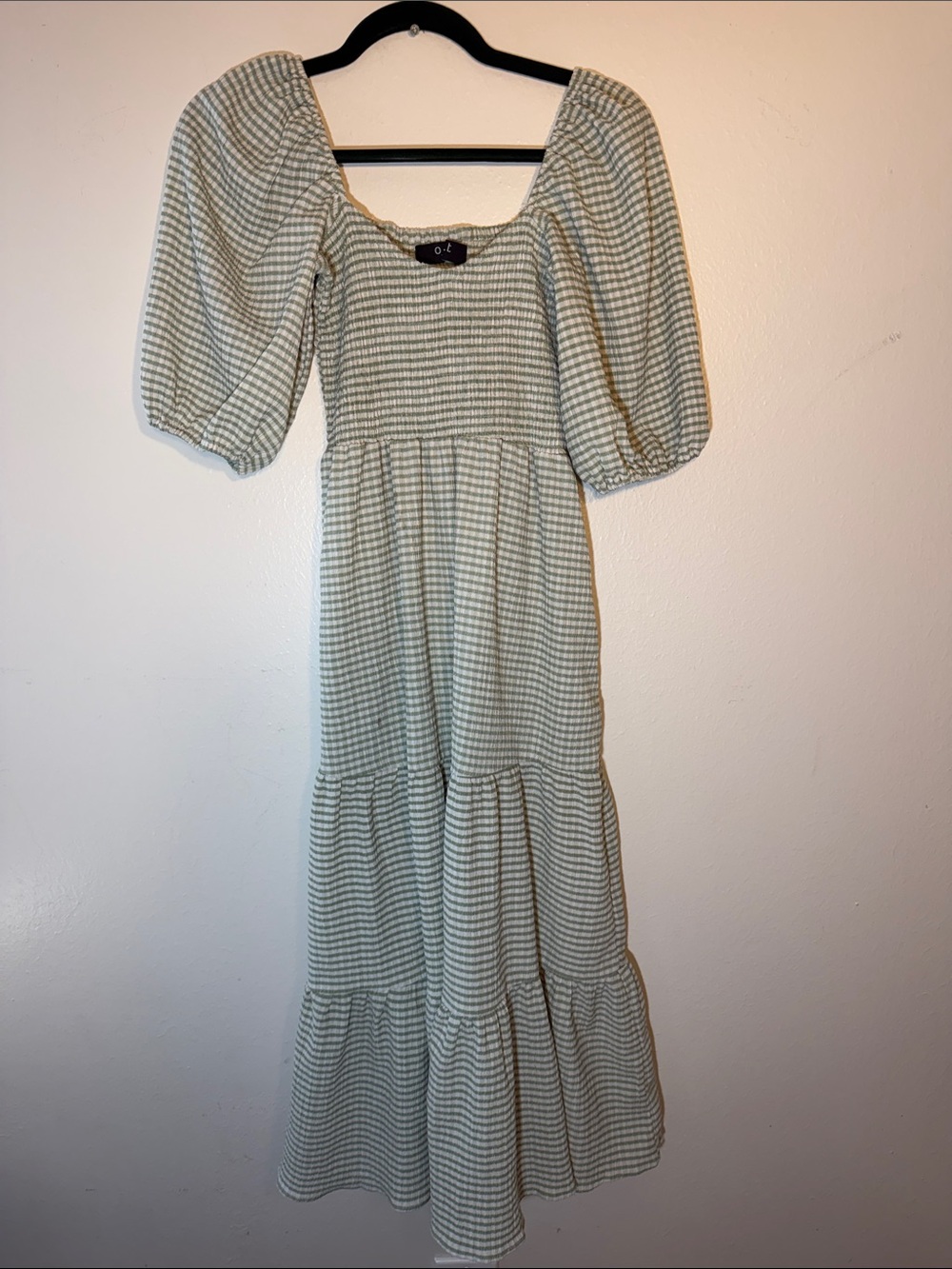 O.P.T. Smocked Puff-Sleeve Tiered Maxi Dress Light Sage Green White Gingham XS